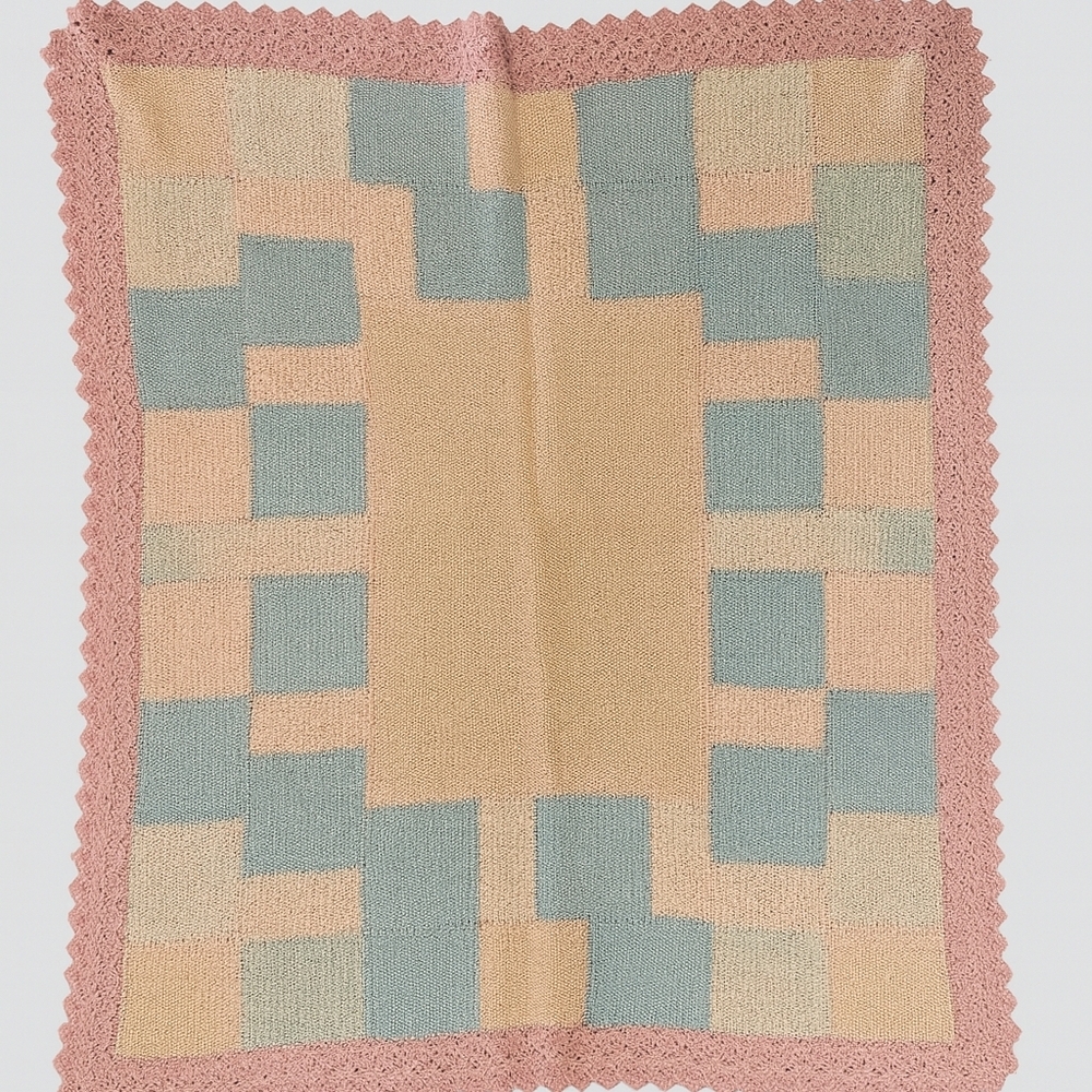 Vtg Handmade Baby Blanket Knit Crochet Square Pink Peach Blue Nursery Lace